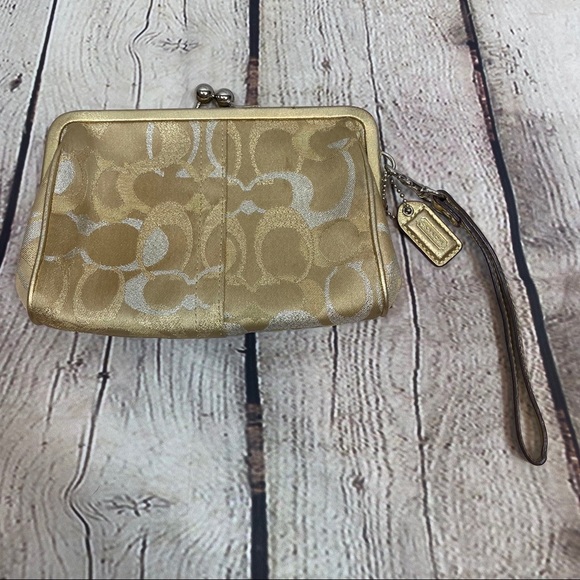 Coach Handbags - COACH Lurex Signature Gold Kisslock Wristlet